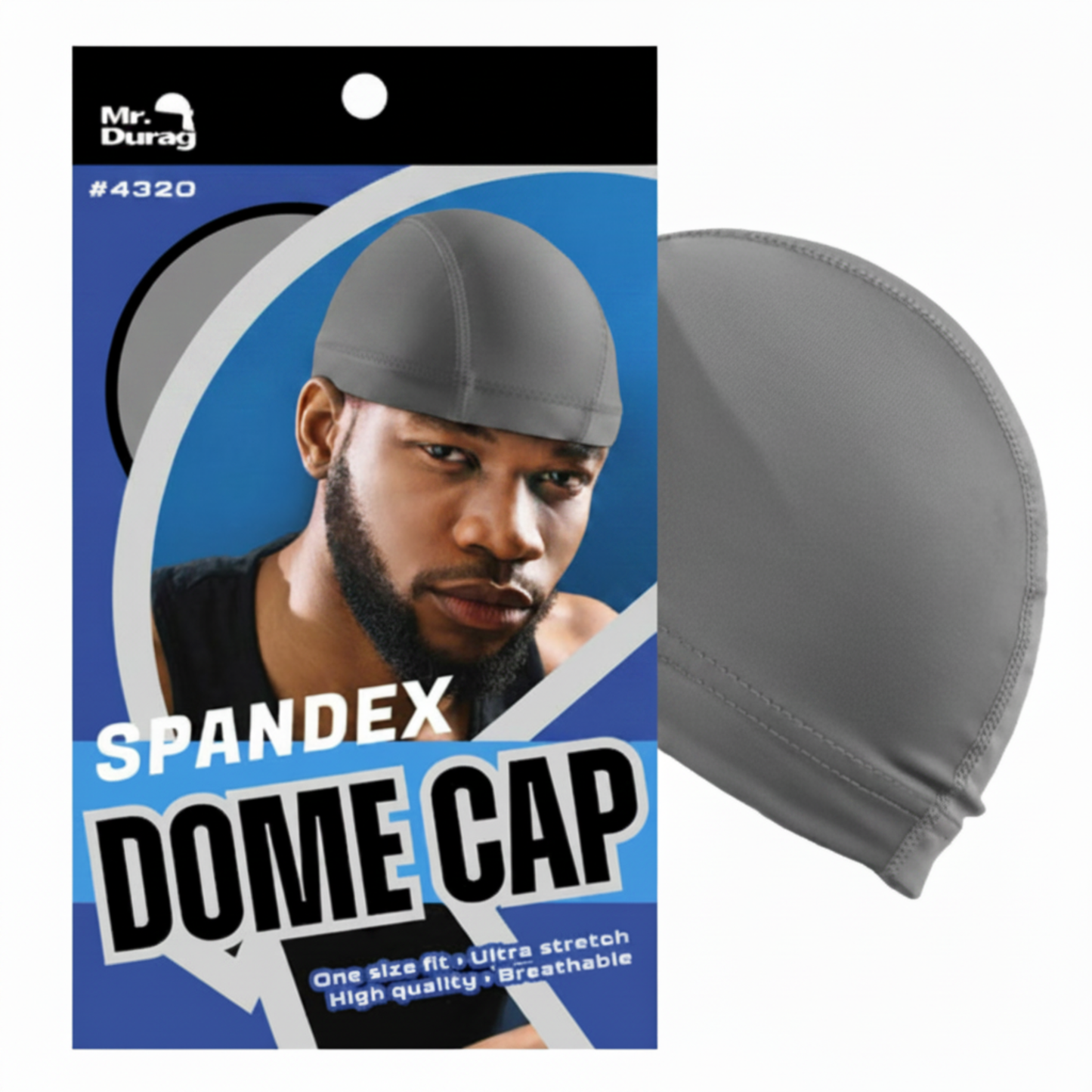 Mr. Durag Spandex Dome Cap, 1 Count, Assorted Colors shown in gray, featuring breathable, high-stretch spandex fabric for a snug fit designed to support 360-wave styling and hair protection.