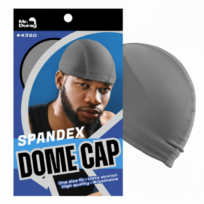 Mr. Durag Spandex Dome Cap, 1 Count, Assorted Colors shown in gray, featuring breathable, high-stretch spandex fabric for a snug fit designed to support 360-wave styling and hair protection.