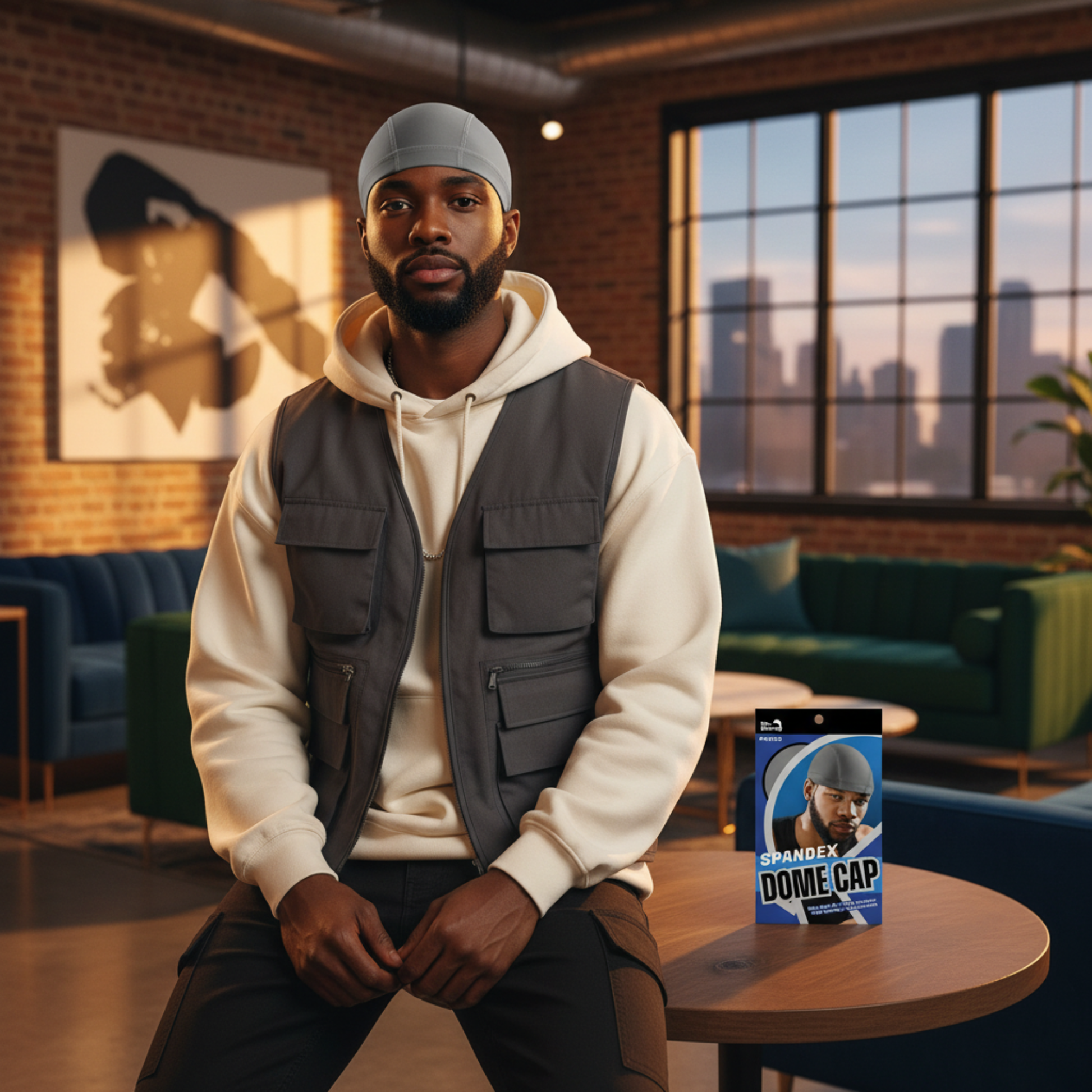 A man wearing Mr. Durag Spandex Dome Cap, 1 Count, Assorted Colors in gray, seated indoors with natural light, showcasing breathable, stretchy fabric designed for wave maintenance and styling.