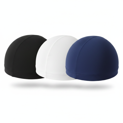 Mr. Durag Spandex Dome Cap, 1 Count, Assorted Colors displayed in black, white, and navy blue, featuring smooth, stretchable fabric designed for wave training and comfortable wear.