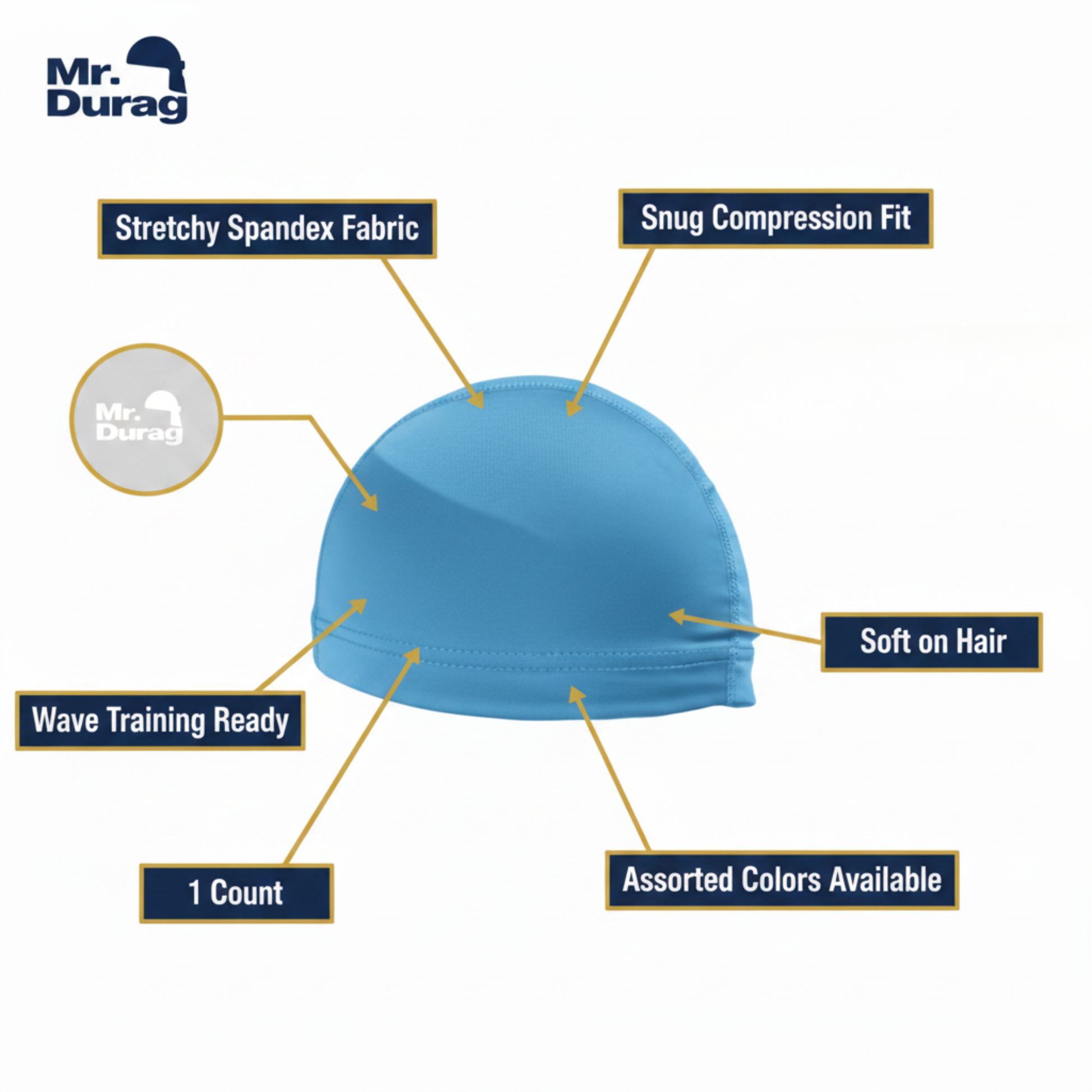Mr. Durag Spandex Dome Cap, 1 Count, Assorted Colors in blue, highlighting stretchy spandex fabric, snug compression fit, soft texture, wave training design, and availability in multiple colors.