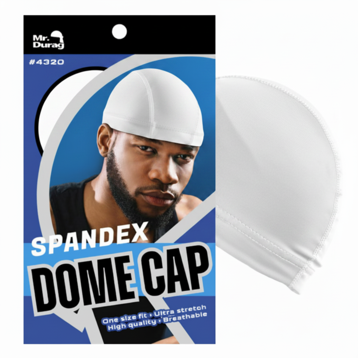 Mr. Durag Spandex Dome Cap, 1 Count, Assorted Colors shown in white featuring a smooth, breathable spandex fabric with ultra stretch and snug fit, ideal for wave training and styling.