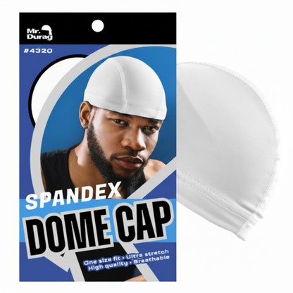 Mr. Durag Spandex Dome Cap, 1 Count, Assorted Colors shown in white featuring a smooth, breathable spandex fabric with ultra stretch and snug fit, ideal for wave training and styling.