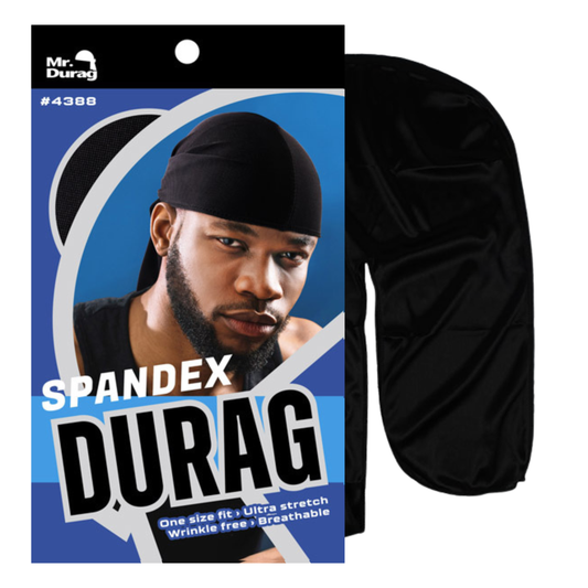 Black spandex durag displayed with packaging showing man wearing breathable, wrinkle-free stretch headwear