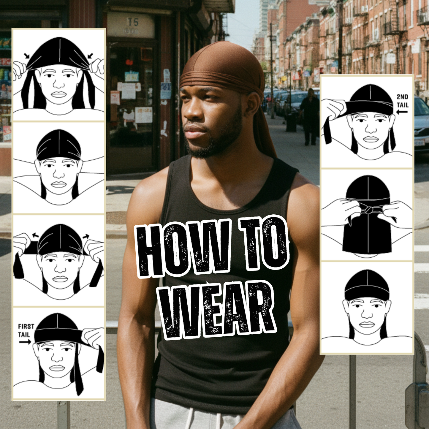 Adult male model wearing a brown spandex durag outdoors in urban setting, demonstrating a stylish fit for wave training and protective styling on textured hair.