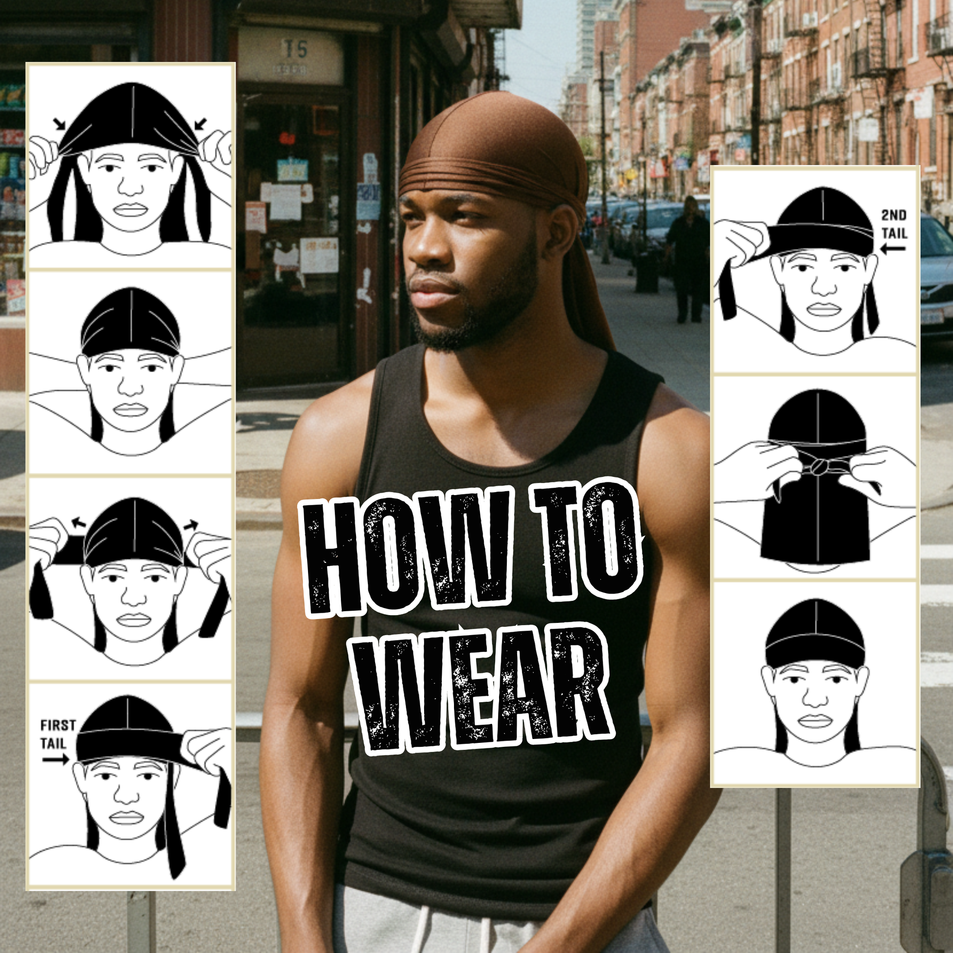 Adult male model wearing a brown spandex durag outdoors in urban setting, demonstrating a stylish fit for wave training and protective styling on textured hair.