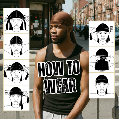 Adult male model wearing a brown spandex durag outdoors in urban setting, demonstrating a stylish fit for wave training and protective styling on textured hair.