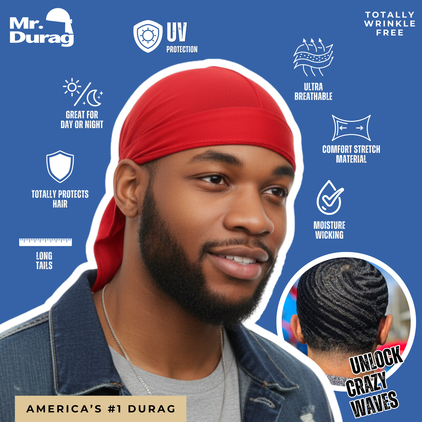 Young man wearing a red spandex durag made with moisture-wicking, ultra-breathable fabric that offers UV protection, comfort stretch, and long tails to support textured hair wave training.