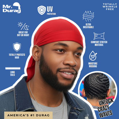 Young man wearing a red spandex durag made with moisture-wicking, ultra-breathable fabric that offers UV protection, comfort stretch, and long tails to support textured hair wave training.