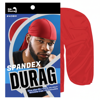 Red spandex durag with breathable, wrinkle-resistant fabric offering a snug, comfortable fit for teens and adults, ideal for wave training and textured hair care.