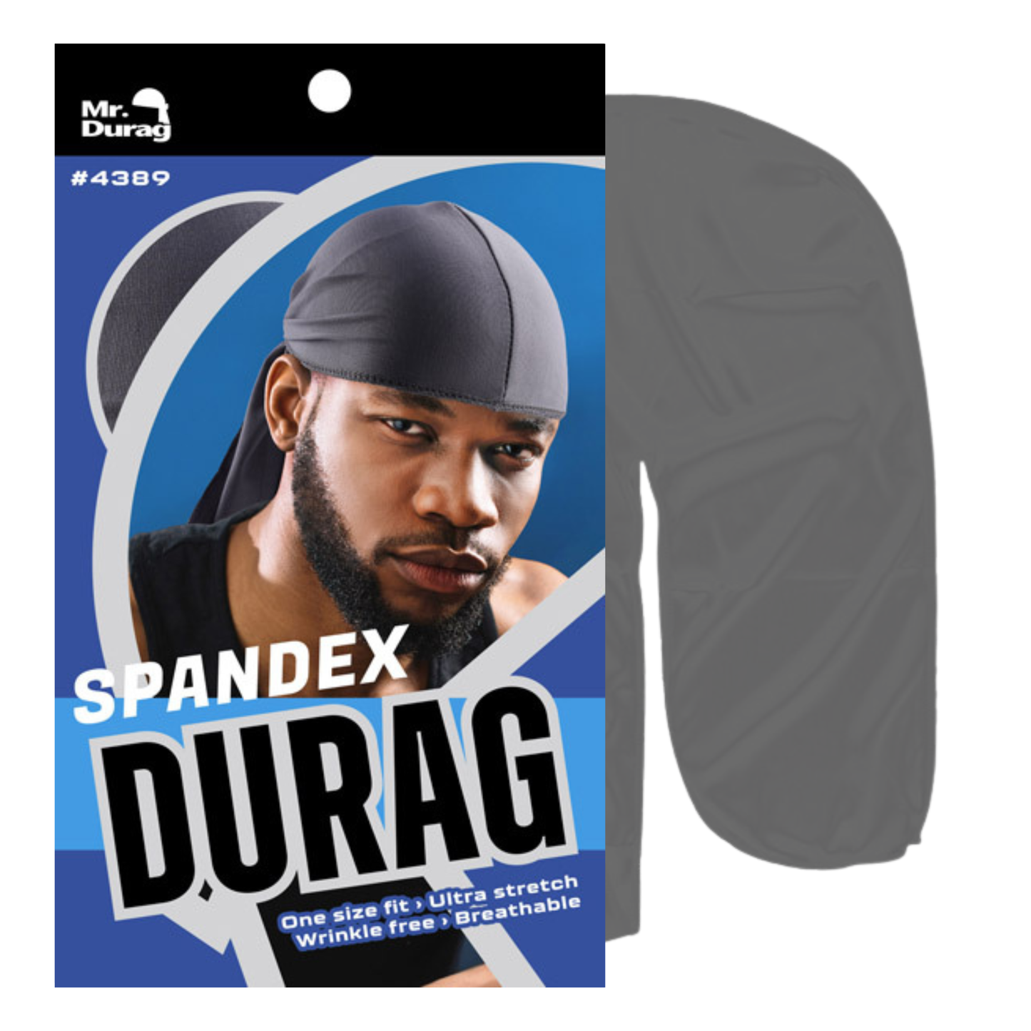 Gray spandex durag displayed with packaging featuring a male model, designed with ultra-stretch, breathable, wrinkle-free fabric for comfortable wave training and textured hair care.