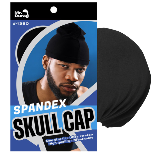 Black spandex skull cap displayed with packaging featuring man wearing fitted breathable headwear