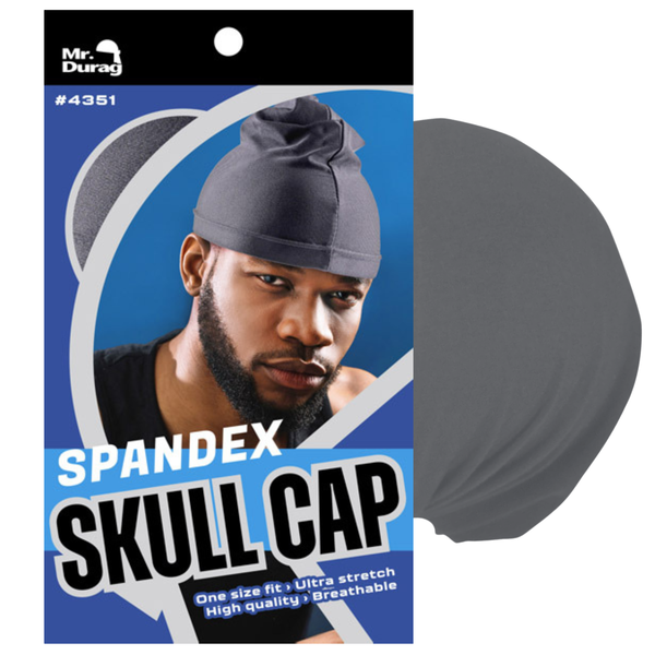 Gray spandex skull cap displayed with packaging showing man modeling breathable, wrinkle-free fitted headwear