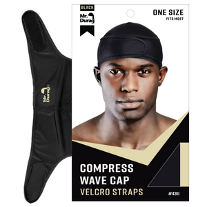 Mr. Durag Spandex Velcro Compress Wave Cap Black shown on packaging and laid flat with Velcro straps.