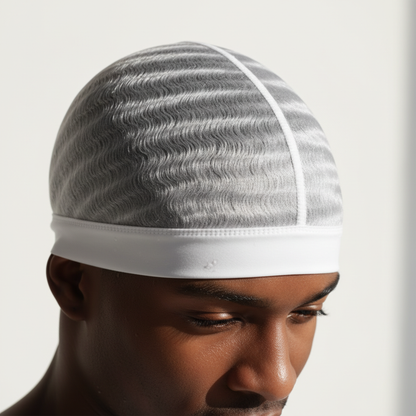 Mr. Durag Stocking Wave Cap, 2 Count, White worn by a man showing defined 360-wave patterns, made with breathable stocking fabric for comfortable, reusable wave training and styling.