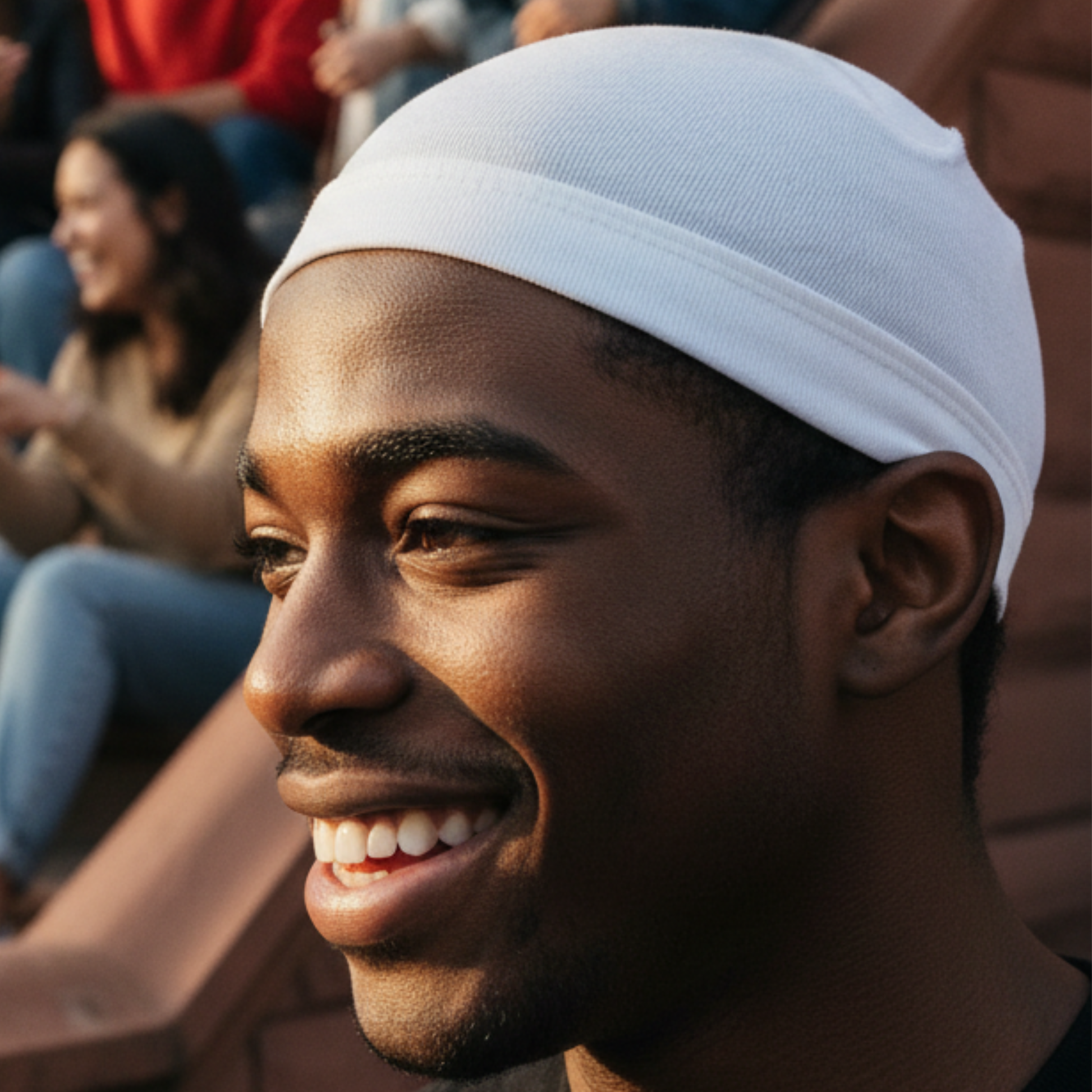 A smiling young man outdoors wearing Mr. Durag Stocking Wave Cap, 2 Count, White, featuring a lightweight, breathable fit designed for comfortable wave training and hair protection.