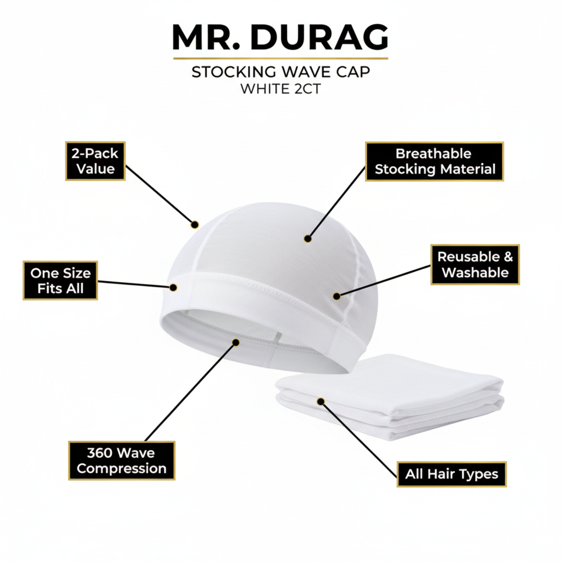 Mr. Durag Stocking Wave Cap, 2 Count, White featuring breathable stocking fabric, 360 wave compression, reusable and washable design, one size fits all, suitable for all hair types.