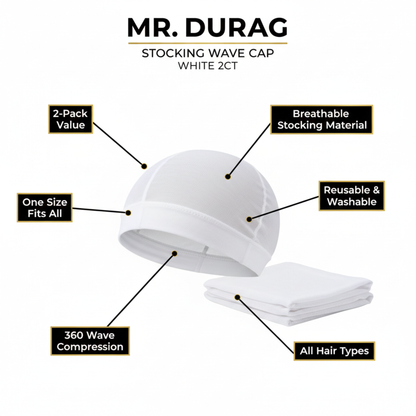 Mr. Durag Stocking Wave Cap, 2 Count, White featuring breathable stocking fabric, 360 wave compression, reusable and washable design, one size fits all, suitable for all hair types.