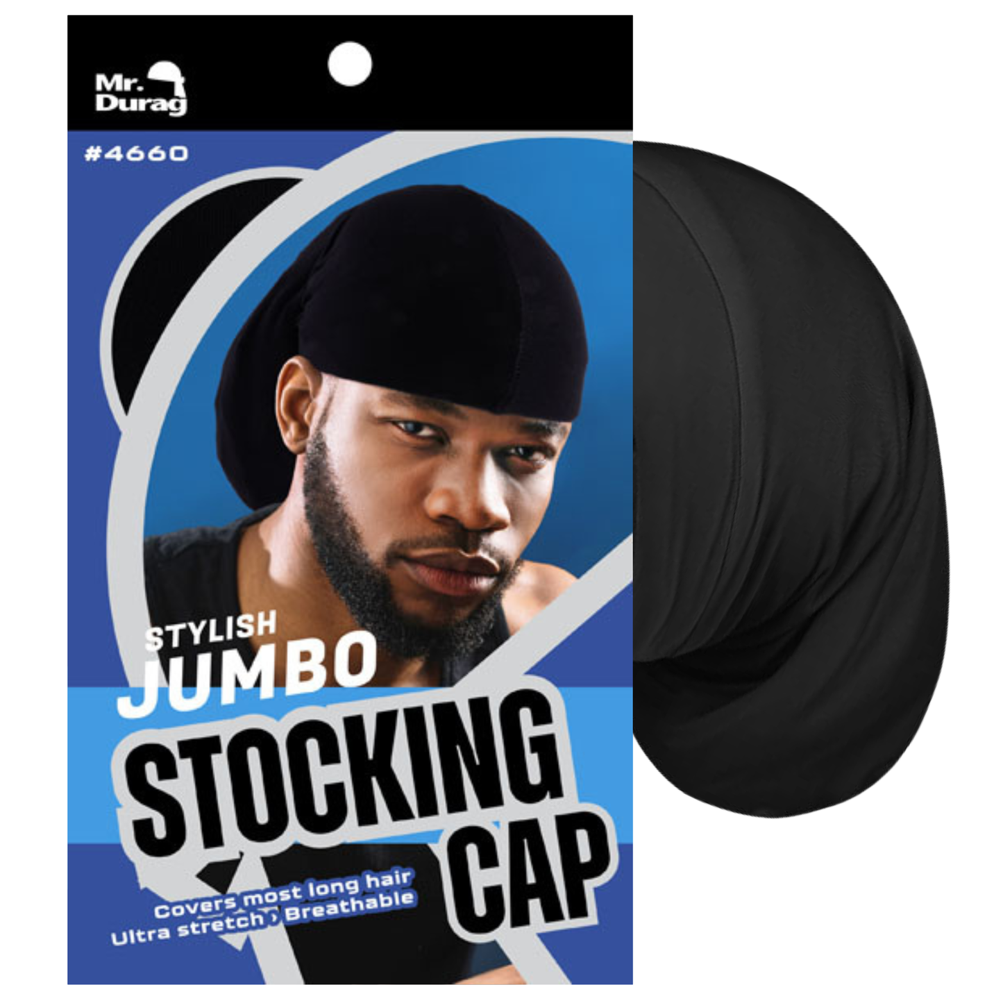 Black jumbo stocking cap shown with packaging featuring model wearing breathable, ultra-stretch headwear for long hair coverage
