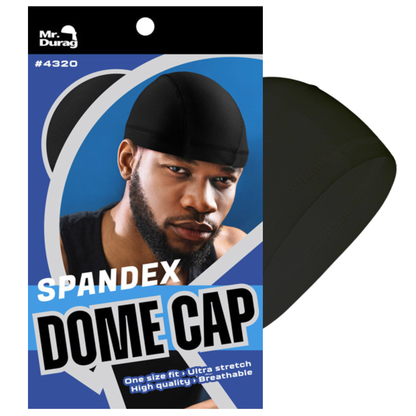 Black spandex dome cap displayed with packaging featuring a man wearing the fitted breathable headwear