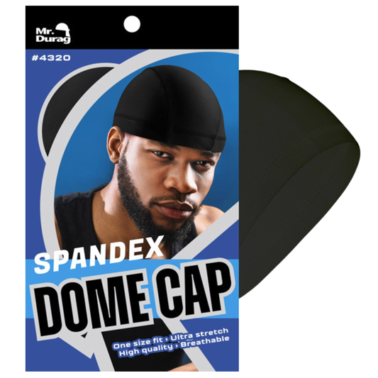 Black spandex dome cap displayed with packaging featuring a man wearing the fitted breathable headwear
