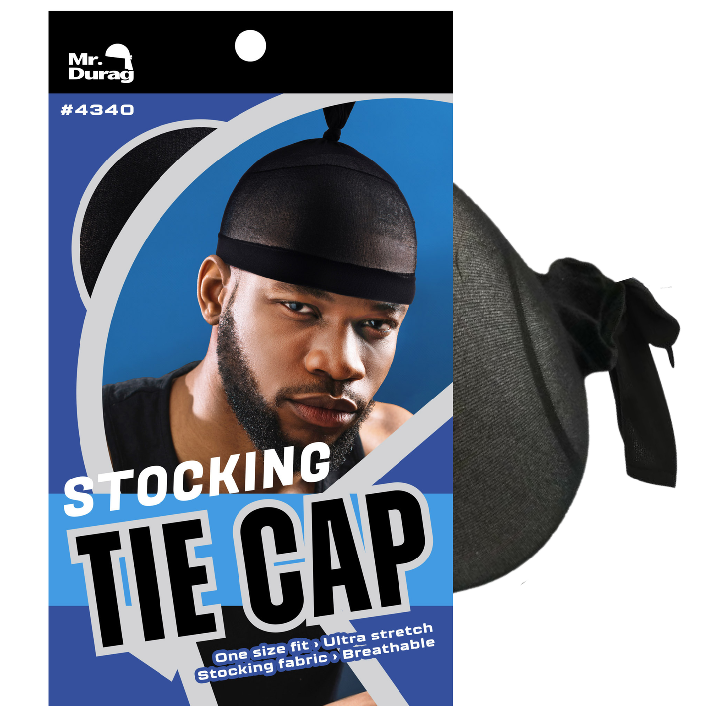 Mr. Durag Stocking Tie-Down Cap in black with ultra-stretch breathable fabric, one size fits all for stylish headwear.