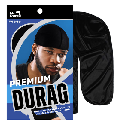 Mr. Durag Premium Durag in black with ultra-stretch, wrinkle-free, breathable fabric for comfortable all-day wear