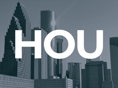 Black and white cityscape of Houston skyline with tall buildings and bold white text reading HOU in foreground