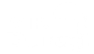 White logo design of stylized text "Mr. Durag" with a simple durag graphic integrated on a transparent background