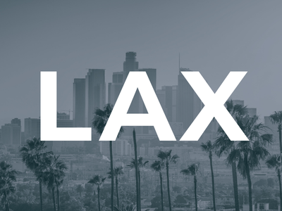 Los Angeles city skyline with palm trees in foreground and large white letters reading LAX across the image