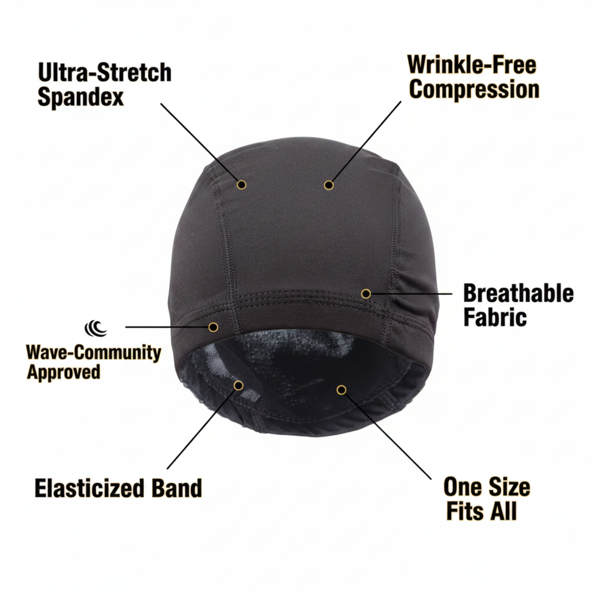 Mr. Durag Spandex Dome Cap, 1 Count, Black showing breathable, ultra-stretch spandex fabric with wrinkle-free compression, elasticized band, one size fits all, and wave-community approved design.