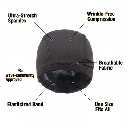 Mr. Durag Spandex Dome Cap, 1 Count, Black showing breathable, ultra-stretch spandex fabric with wrinkle-free compression, elasticized band, one size fits all, and wave-community approved design.