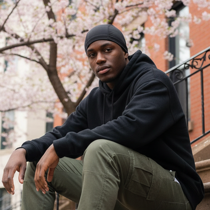 A young man seated outdoors on city steps wearing Mr. Durag Spandex Dome Cap, 1 Count, Black, featuring a smooth fit designed for comfortable wave training and everyday wear.