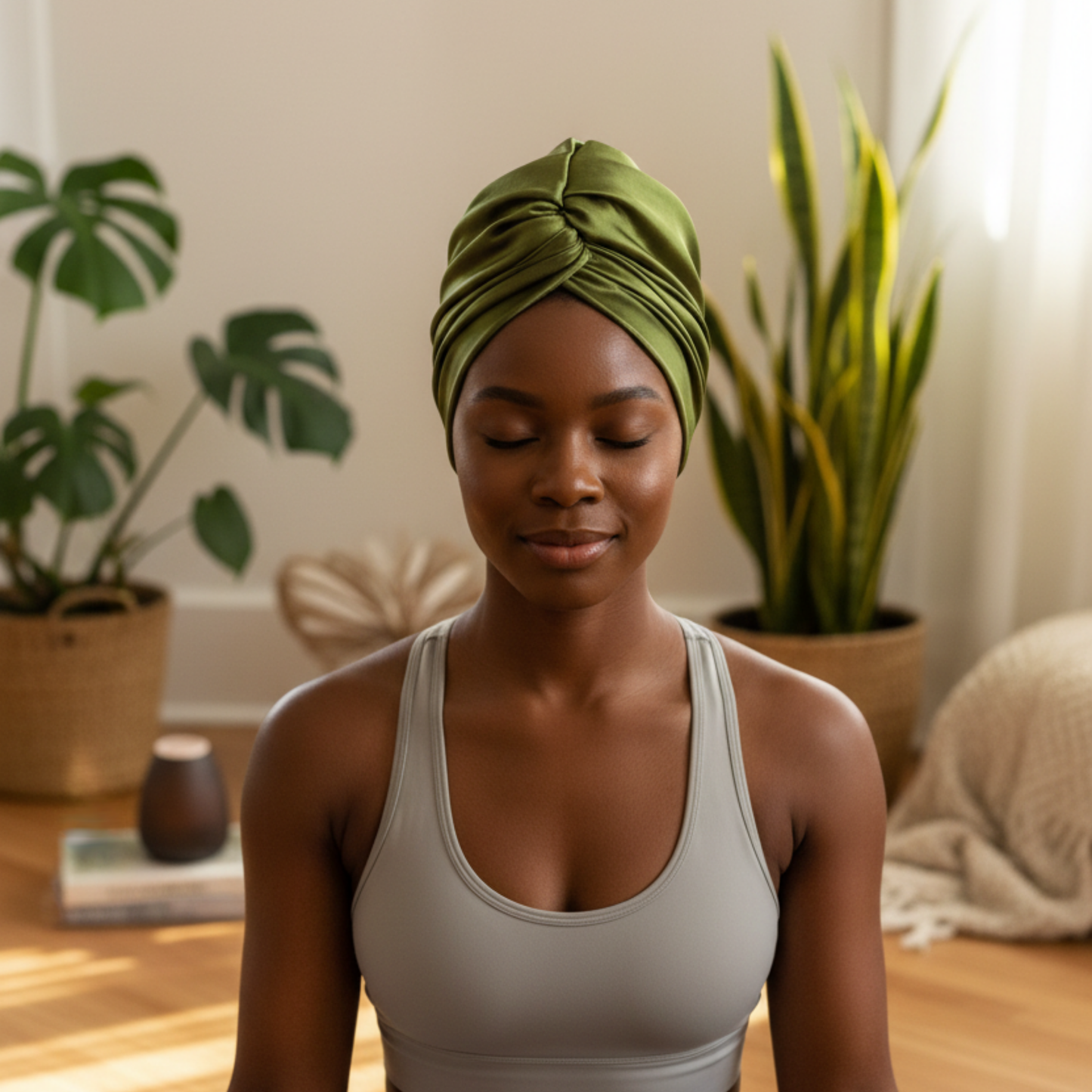 Woman wearing olive green Ms. Remi Effortless Turban Scarf Close Top sitting in a bright, cozy room with plants behind her