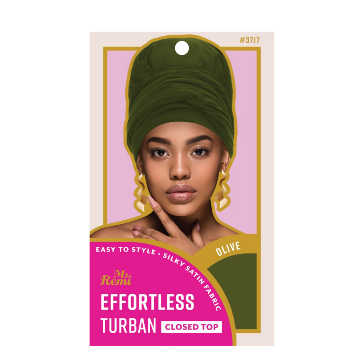 Packaging for Ms. Remi Effortless Turban Scarf in olive with silhouette of woman wearing the turban on purple background