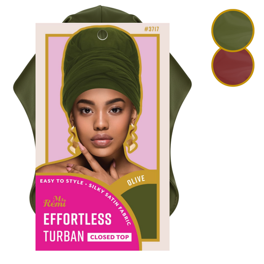 Ms. Remi Effortless Turban Scarf in olive green with closed top displayed on packaging with model image and color swatches