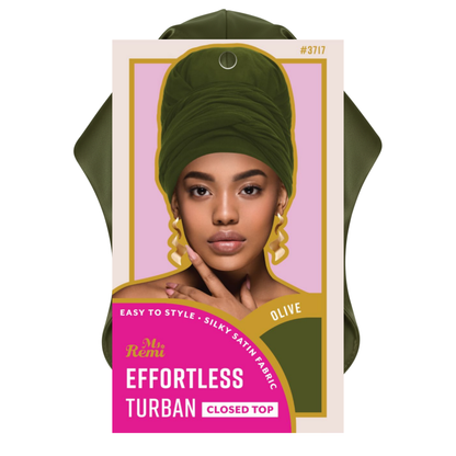 Packaging label showing a woman wearing an olive green Ms. Remi Effortless Turban Scarf closed top style