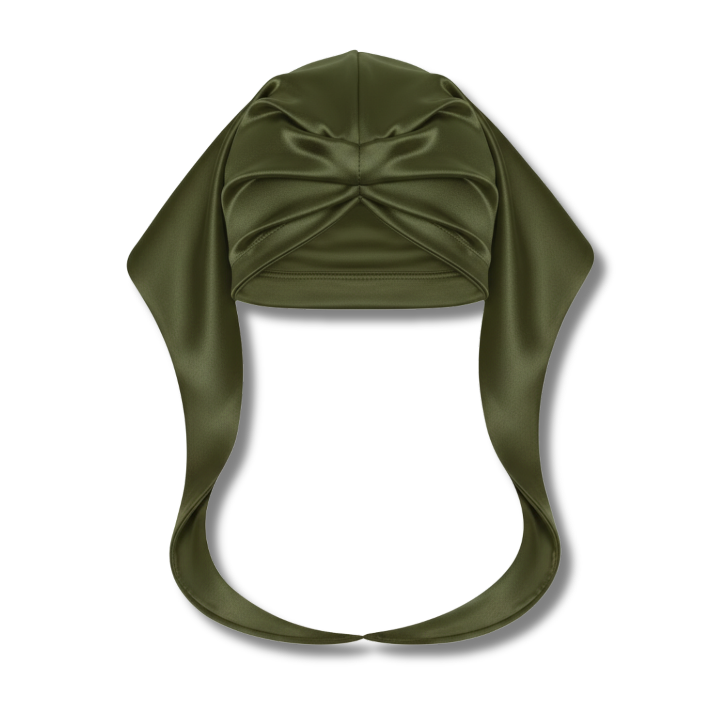 Olive green Ms. Remi Effortless Turban Scarf with closed top and smooth satin finish on white background