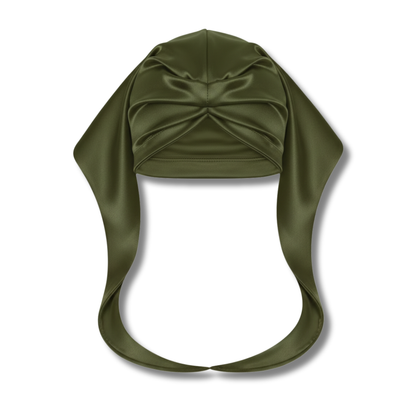 Olive green Ms. Remi Effortless Turban Scarf with closed top and smooth satin finish on white background