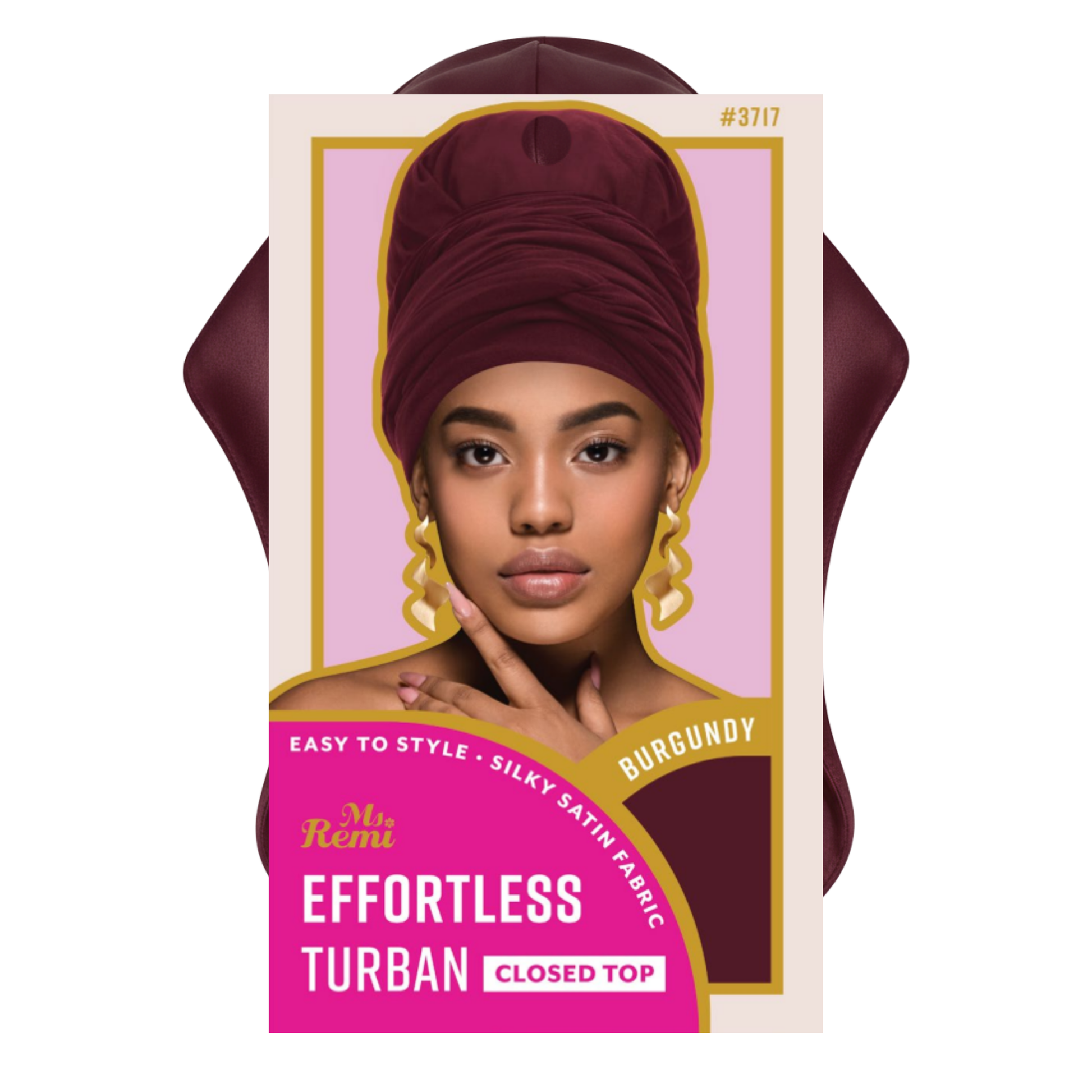 Packaging of Ms. Remi Effortless Turban Scarf in burgundy with a closed top shown on model against pink background