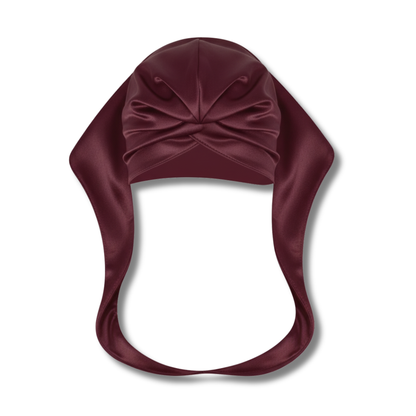 Burgundy Ms. Remi Effortless Turban Scarf with pre-tied closed top and smooth satin-like finish on white background