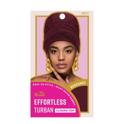 Packaging for Ms. Remi Effortless Turban Scarf in burgundy with model wearing the closed-top style on pink background