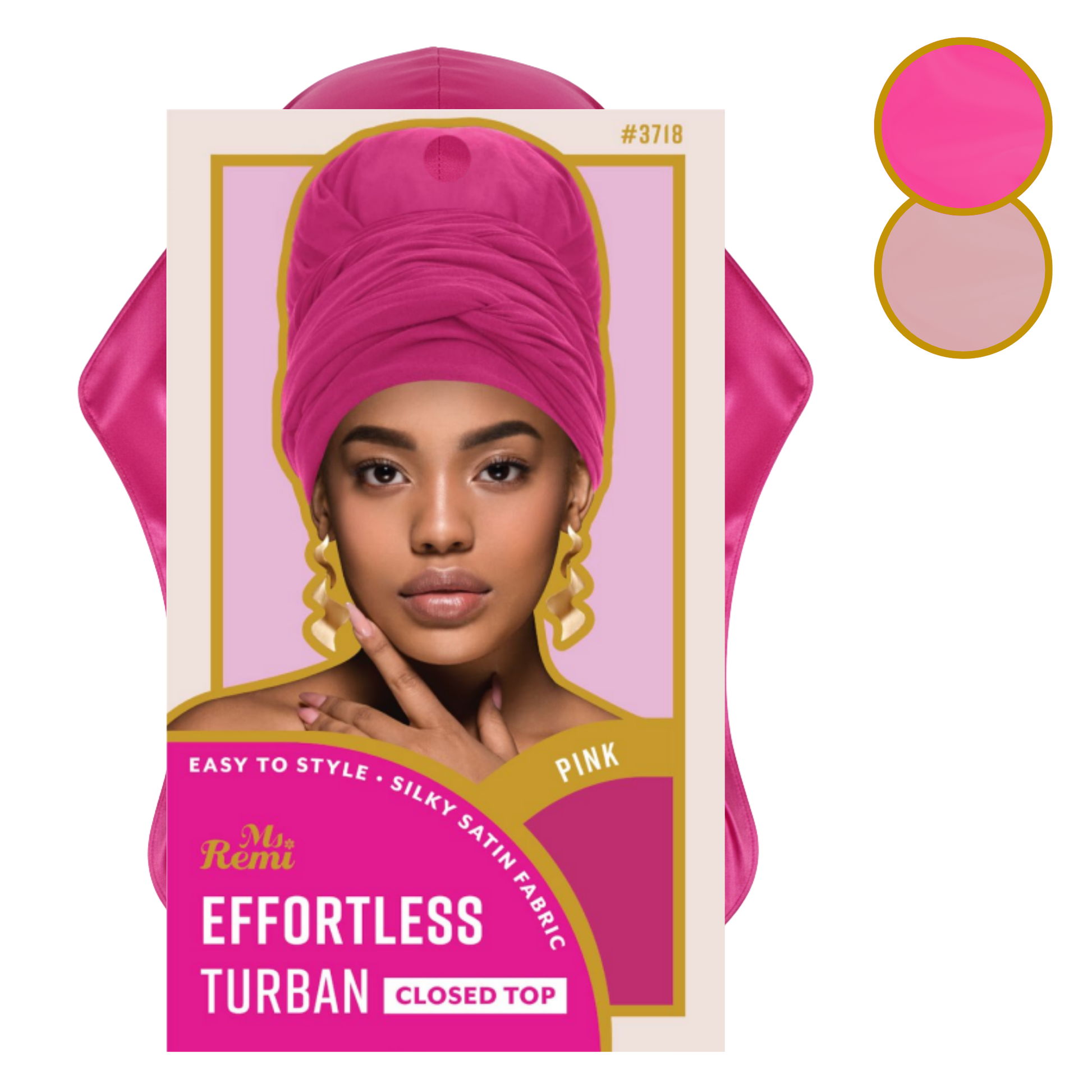 Ms. Remi Effortless Turban Scarf in vibrant pink with closed top design and silky satin fabric on display card
