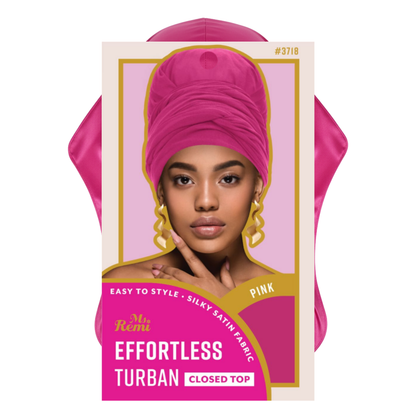 Ms. Remi Effortless Turban Scarf in pink with pre-tied closed top and silky satin fabric displayed on packaging card