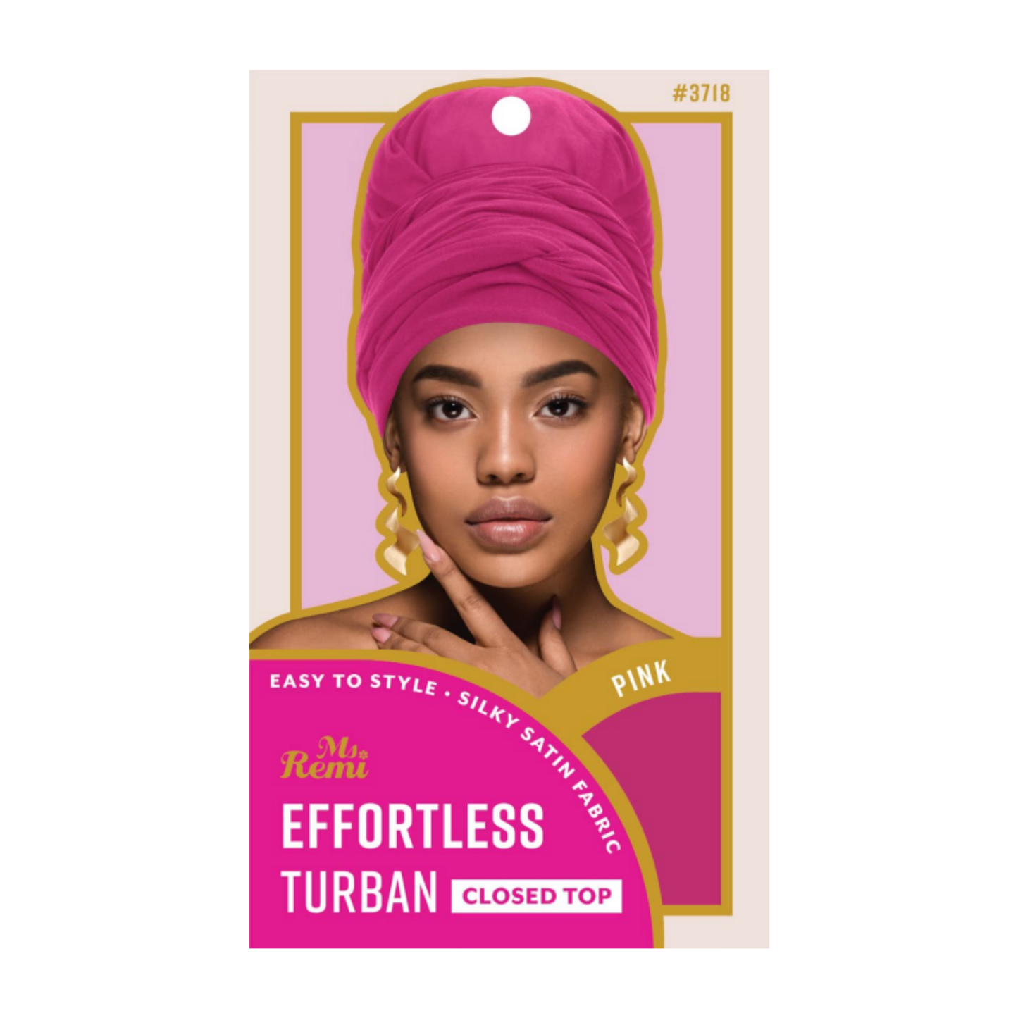 Packaging for Ms. Remi Effortless Pink Turban Scarf with closed top and easy-to-style silky satin fabric on pink background