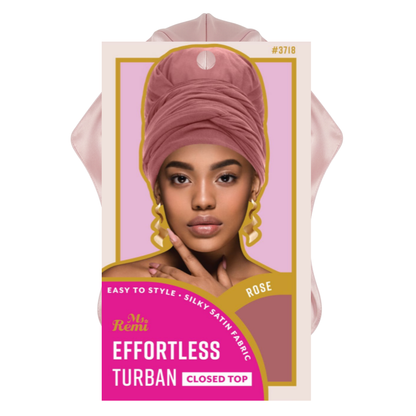 Ms. Remi Effortless Turban Scarf in rose pink with pre-tied closed top displayed on packaging card against pink background