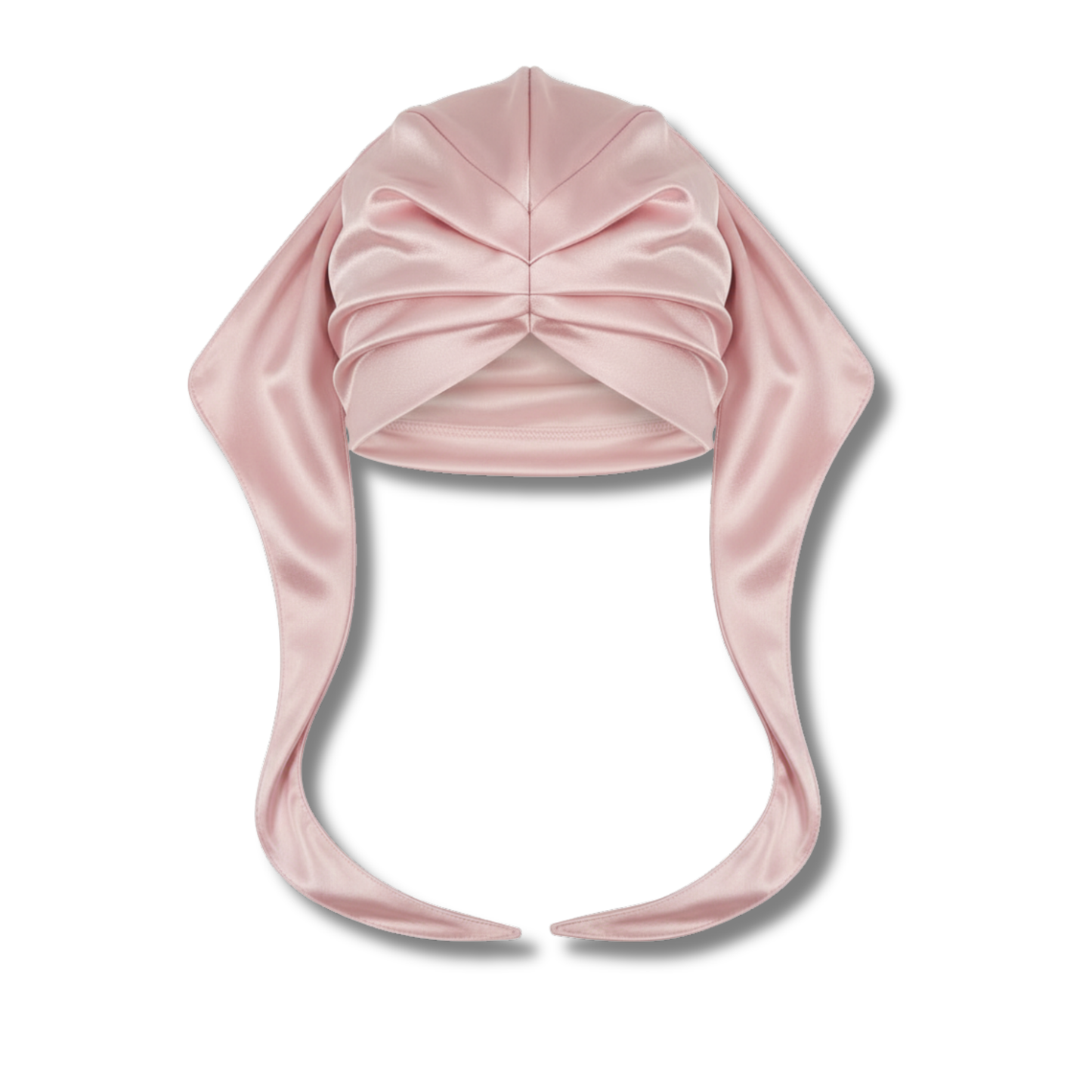 Pink satin Ms. Remi Effortless Turban Scarf with closed top and twisted front detail on white background