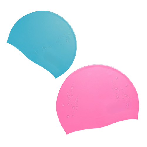 Two translucent silicone breast pads, one blue and one pink, with water droplets on a white background