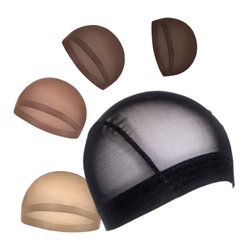 Various wig caps in different skin tones including beige, brown, and black displayed against white background