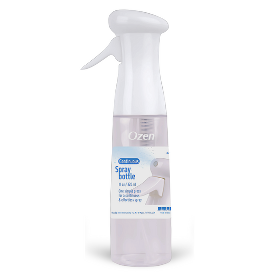 Ozen clear continuous spray bottle 11oz with measurement markings and ergonomic trigger for fine, even mist application